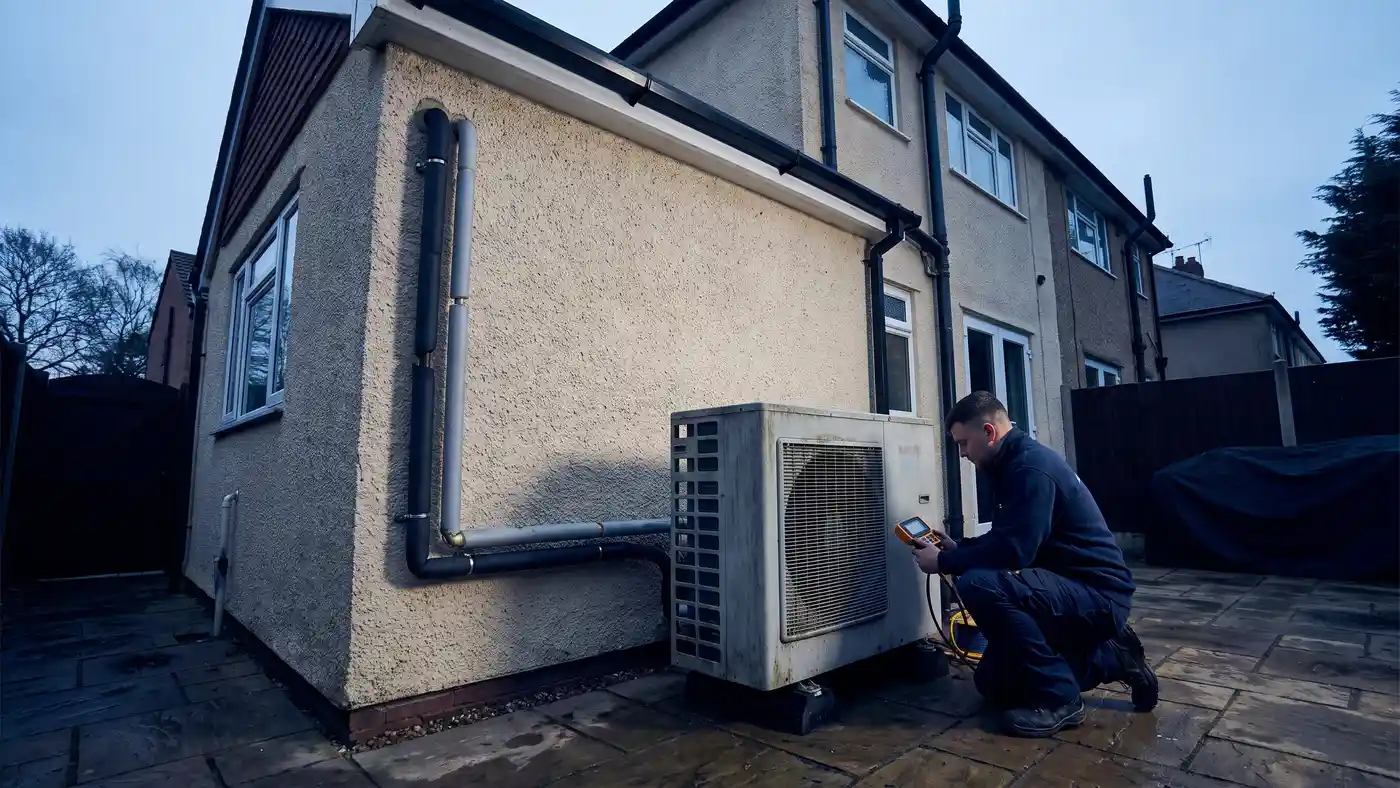 Heating engineer installing an air source heat pump