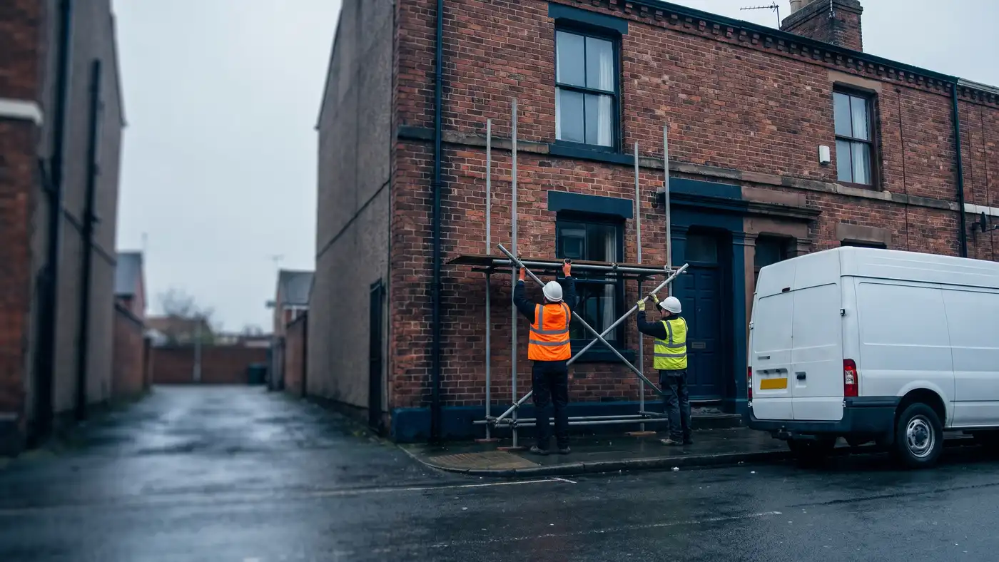 Scaffolding crew working on a UK terraced house